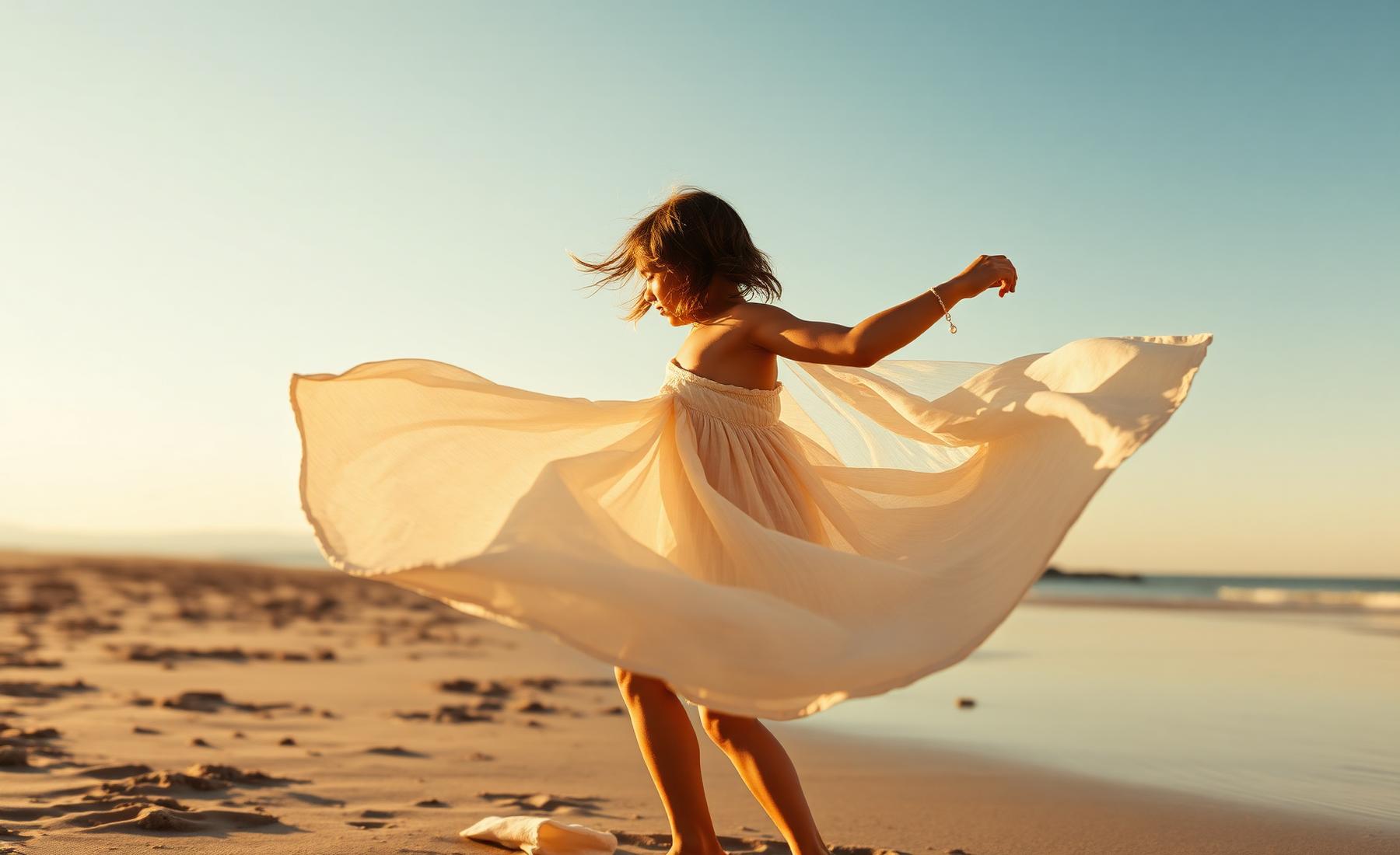 A child in flowing cream linen on a golden beach