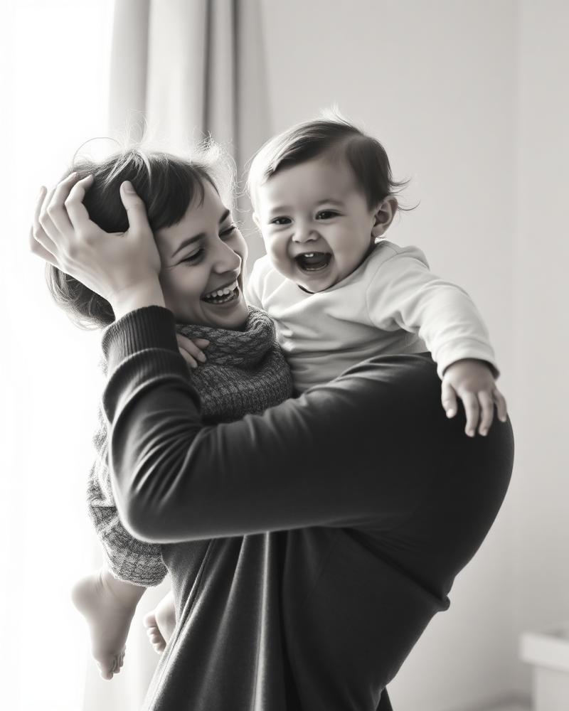 A mother lifting her toddler
