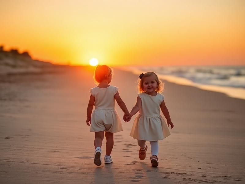 Two siblings on a beach at sunset