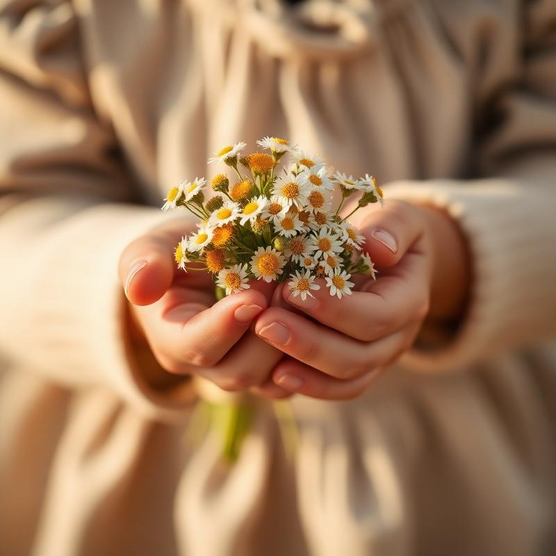A child's hands holding wildflowers